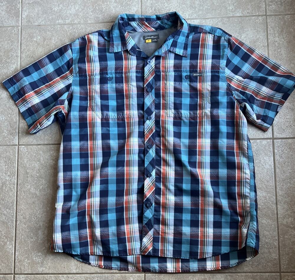 Eddie Bauer Mens Fishing Shirt Plaid Short Sleeve Button Down XL Outdoor